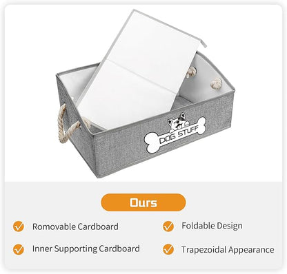 Collapsible Fabric Dog Toy Box and Storage Bin With Handle - Trapezoid Basket Chest Organizer for Pet Toys, Blankets and Accessories,Light Grey