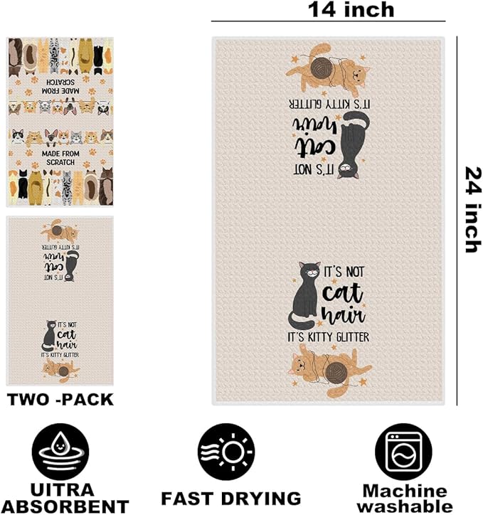 2 Pcs Funny Cat Kitchen Towels 24x14 Inch, Cats Gifts Reusable Dish Towels for Kitchen Bathroom Decor, Waffle Weave Hand Cloth Tea Towel, Cute Cat Lover Gifts for Women Mom Friend