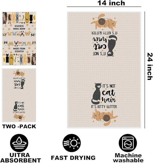 2 Pcs Funny Cat Kitchen Towels 24x14 Inch, Cats Gifts Reusable Dish Towels for Kitchen Bathroom Decor, Waffle Weave Hand Cloth Tea Towel, Cute Cat Lover Gifts for Women Mom Friend