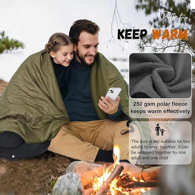 Wearable Warm Camping Blanket Waterproof Windproof Quilted Fleece Stadium Outdoor Blanket with Portable Bag for Cold Weather Picnic Sports Pet Beach Travel Car 79x55 inches Olive Green with Hat