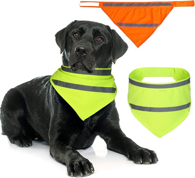 Saintrygo 2 Pieces Dog Bandanas Reflective Dog Scarf Yellow Orange High Visibility Safety Camping Puppy Bandanas Triangle Bibs for Medium Large Pets Cats Puppy(13-18.5 Inches,Halter Neck)