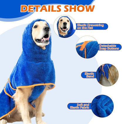 EXPAWLORER Soft Dog Bathrobe with Hood, Super Absorbent & Quick-Drying Dog Towels, Cozy Drying Coat for After Bath,Swimming, Blue L