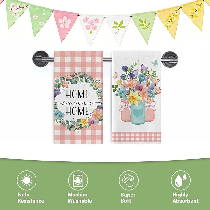 Spring Summer Floral Kitchen Dish Towels Set of 2, Home Sweet Home Floral Wreath Drying Hand Towel Baking Cooking Cloth, Pink Plaid Mason Jar Family Farmhouse Bathroom Decoration 18'' x 26''