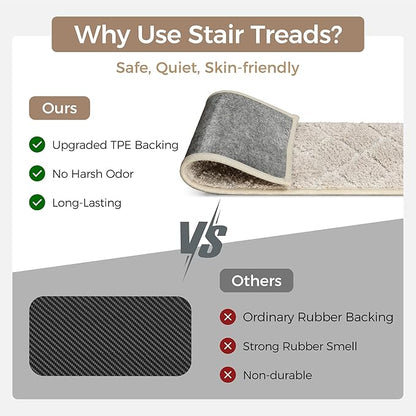 Non Slip Microfiber Stair Treads for Wooden Steps, 15PCS 8"x30" Indoor Safety Carpet, 3D Cut & Loop Tufted Edging Mats with TPE Adhesive Backing, Pet & Elderly Friendly Stair Rugs (Beige/White)