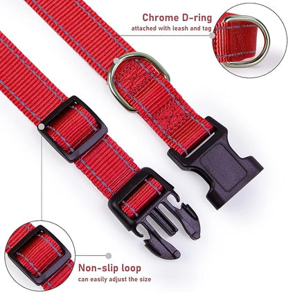 Reflective Dog Collar with Buckle Adjustable Safety Nylon Collars for Small Medium Large Dogs, Red XXS