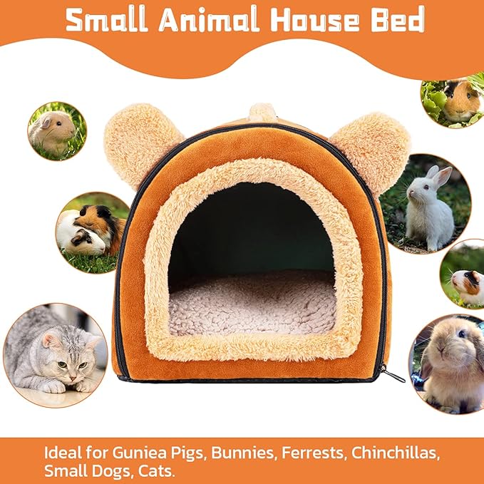Pet Soft Guinea Pig & Rabbit Cozy Hideout House - Small Animal Bed for Guinea Pigs, Rabbits, Hamsters, Rats & Chinchillas Cave Bed (Brown)