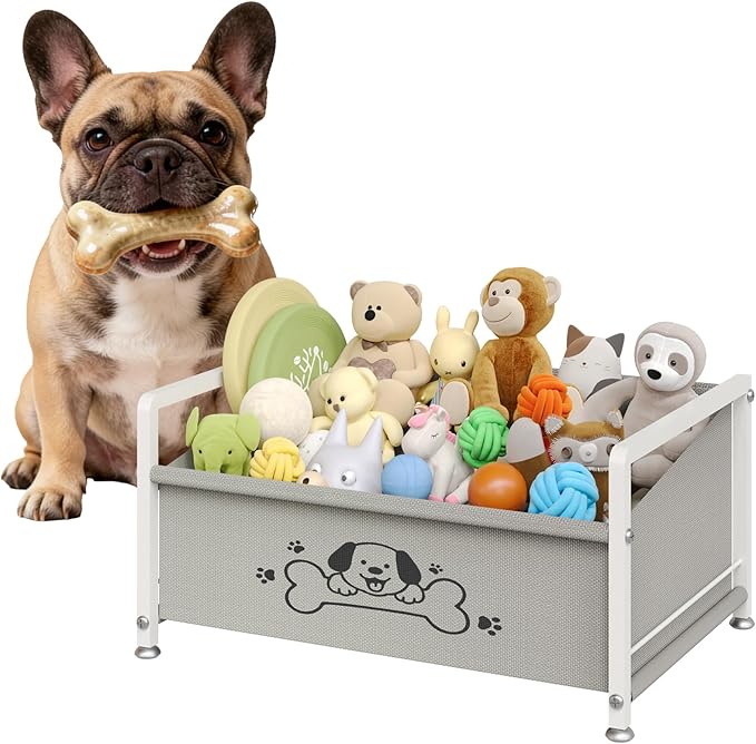 Dog Toy Basket for Storage, Metal Frame Oxford Fabric Pet Toy Organizer with Raised Legs, Large Capacity Dog Toy Bin with Front Low Opening, Washable and Durable Design