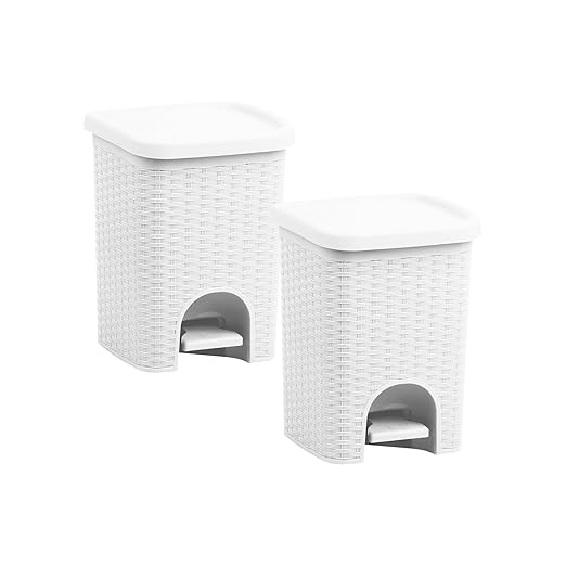 Superio 2-Pack Mini 6L Step Pedal Trash Can - Wicker Design, Hidden Mechanism, Durable Plastic, Ideal for Desktop, Countertop, Pet Waste/Dog Poop- White