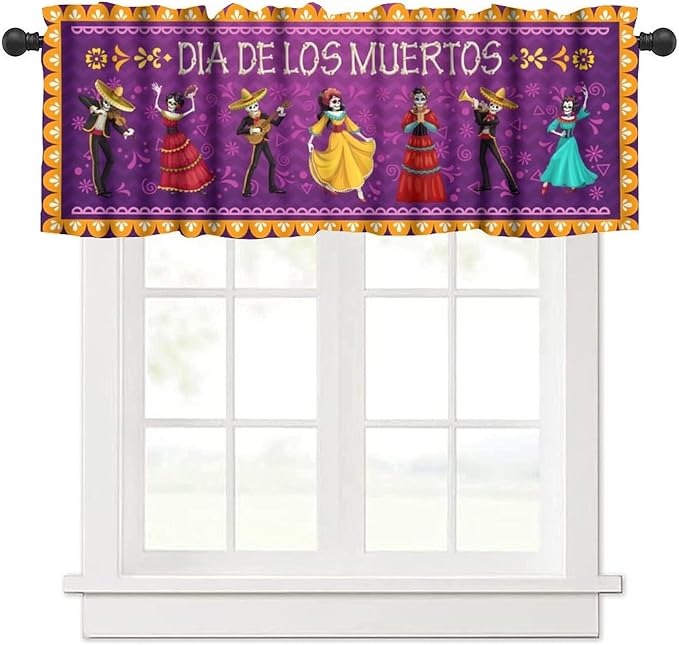 Mexican Style Valances Curtain for Kitchen, Dia De Los Muertos Carnival Holiday Musicians Pattern Window Treatment Valances Short Curtains Rod Pocket Drape for Dining Room Home Decor, 54x18inch