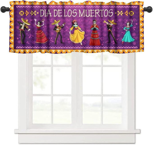 Mexican Style Valances Curtain for Kitchen, Dia De Los Muertos Carnival Holiday Musicians Pattern Window Treatment Valances Short Curtains Rod Pocket Drape for Dining Room Home Decor, 54x18inch