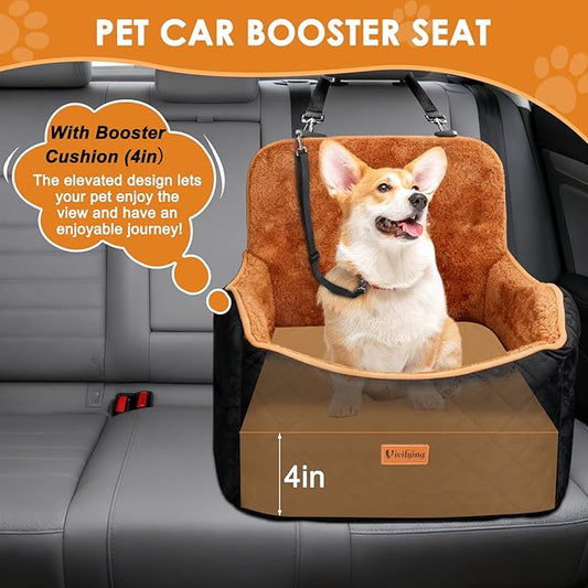 Vivifying Dog Car Seat for Small and Medium Dogs, 4" Booster Pet Car Seat with Safety Strap, Plush Travel Dog Bed for Car with Storage Pocket, Detachable Washable Cover, Fits Dogs up to 35lbs (Black)