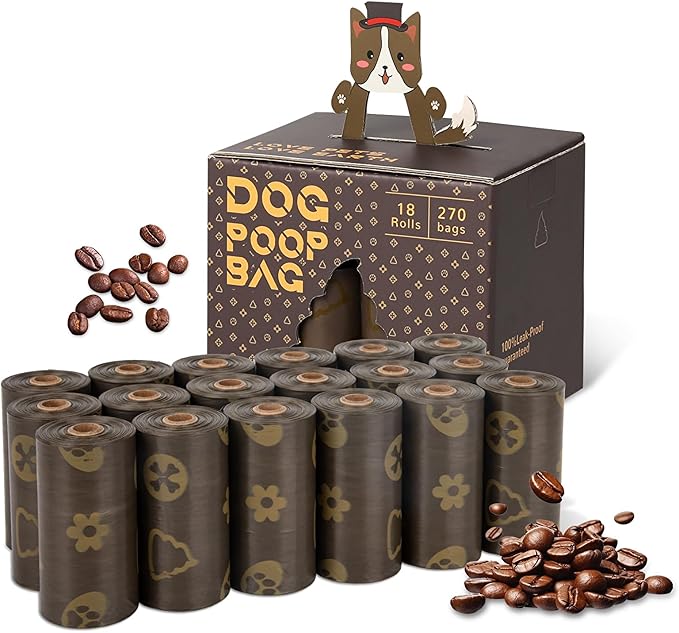 DBFAIRY Dog Poop Bags, 270 Count Pet Waste Bags Strong Thick, Leak Proof and Portable Poop Bags Refill Rolls for Dogs and Cats, 18 Rolls Coffee Scented Waste Bags