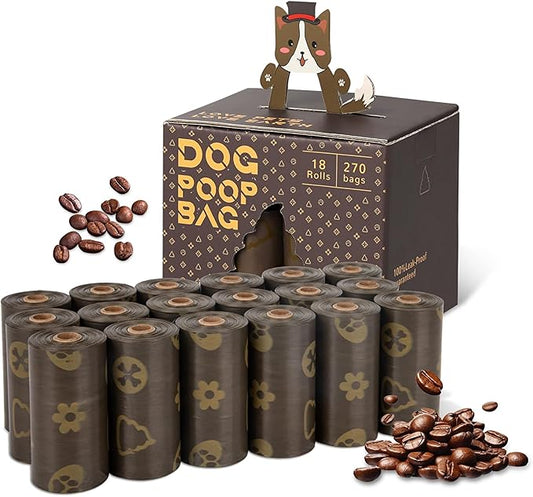 DBFAIRY Dog Poop Bags, 270 Count Pet Waste Bags Strong Thick, Leak Proof and Portable Poop Bags Refill Rolls for Dogs and Cats, 18 Rolls Coffee Scented Waste Bags