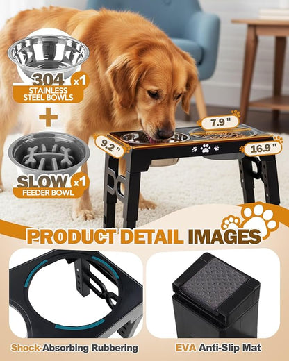Elevated Dog Bowls, Non-Slip Dog Feeder with 1*Stainless Steel Dishes & 1*Slow Feeder Bowl, 5 Heights Adjustable Raised Bowls for 3.15″-8.66″-9.84″-11.02″-12.2″
