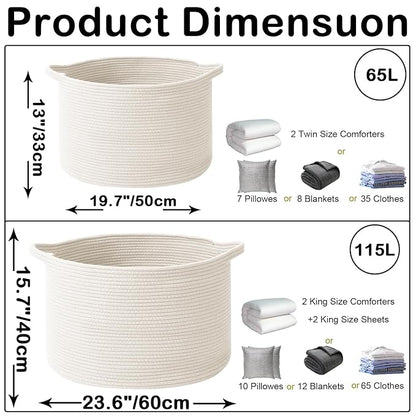 115L Large Blanket Basket,23.6" L x 23.6" W x 15.7" H Rope Woven Baskets with Handles, Toys Storage Bins,Laundry Basket Perfect for Living Room, Nursery,Bedroom,Home Organization,White