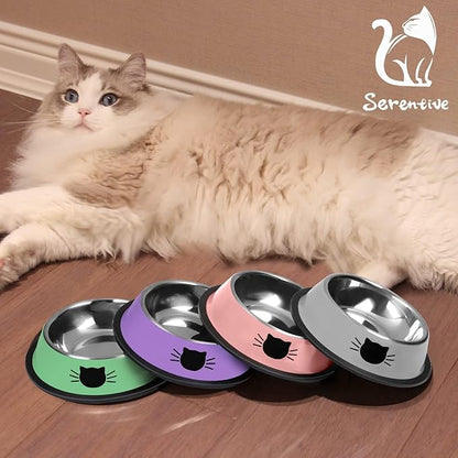 2 Pcs Non-Slip Stainless Steel Small Cat Food Bowls - Unbreakable, Thicken 7 Oz Cat Dishes - Indoor, Removable Rubber Base, Easily Clean, Lovely Color