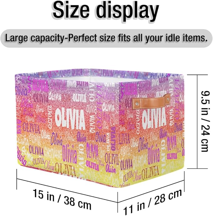 Custom Storage Baskets for Kids with Name, Large Foldable Organizer Collapsible Storage Bin with Leather Handle for Home Toys Closet Nursery, Bling Glitters Colorful Red Yellow
