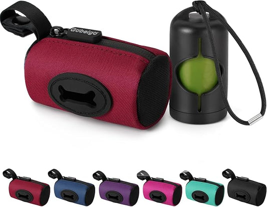 Gobeigo【Easy Pull-Out Version】 Dog Poop Bag Holder,【2-in-1 Hard Plastic Insert & Soft Fabric Bag】Snap-On Strap Dispenser Fits Retractable and Standard Leashes with 1 Roll Bags (Red)