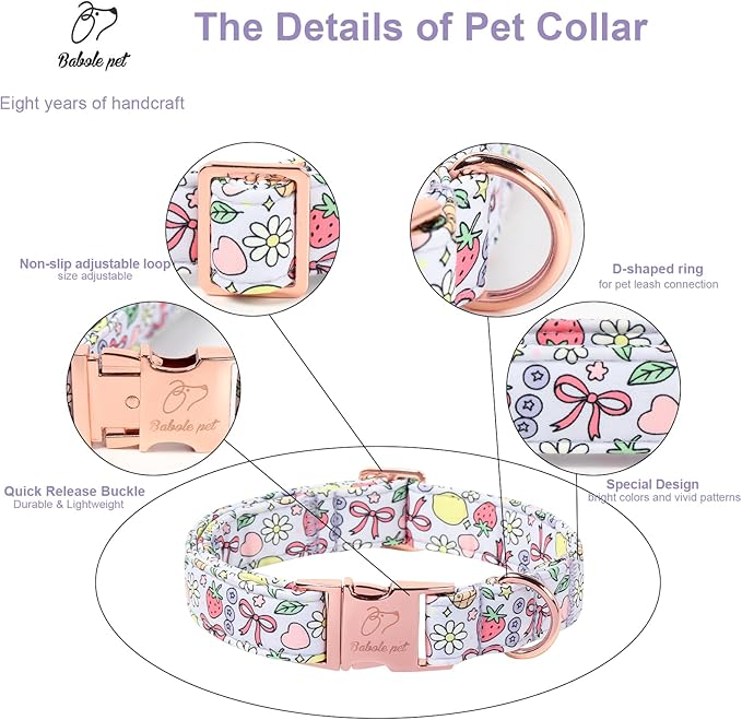 Cute Dog Collar, Spring Summer Pastel Dog Collars, Fruit Garden Dream Puppy Collar, Adjustable Heavy Duty Pet Collar for Small Medium Large Dogs with Metal Buckle XS