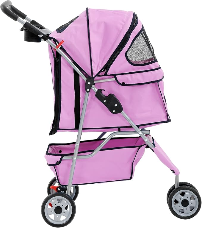 Dkeli 3-Wheel Pet Stroller, Lightweight Foldable Dog Stroller for Small Medium Dogs & Cats, Breathable Mesh & Weather Cover with Storage Basket, for Daily Walk Outdoor Travel (Pink)