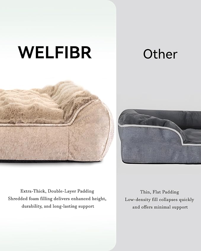 42” Dog Bed with Shredded Foam Filling, Calming Pet Sofa with Removable Washable Cover, Soft Faux Fur Bolster Couch for Dogs, Anti-Slip Bottom