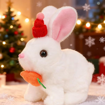 Easfan Bunny Plush Jumping Spotted White Rabbit with Hat Hopping Ears Nose Moving Educational Plush Toy Singing Shaking Glowing Interactive Toy Electric for Toddlers Kids