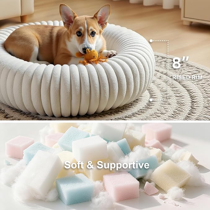 Calming Dog Bed Anti-Anxiety Donut Dog Beds for Small Medium Large Dogs,Washable Plush Fluffy Indoor Cat Kitten Round Cuddler Cushion (Cream, Medium)