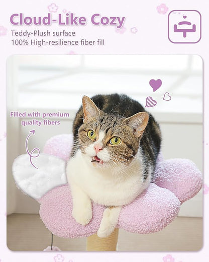 MUTTROS Flower Cat Scratching Post, 28" Cute Cat Tree Tower for Indoor Cats with Large Hammock Soft Perch Bed, Replaceable Toy Ball for Kittens, Purple