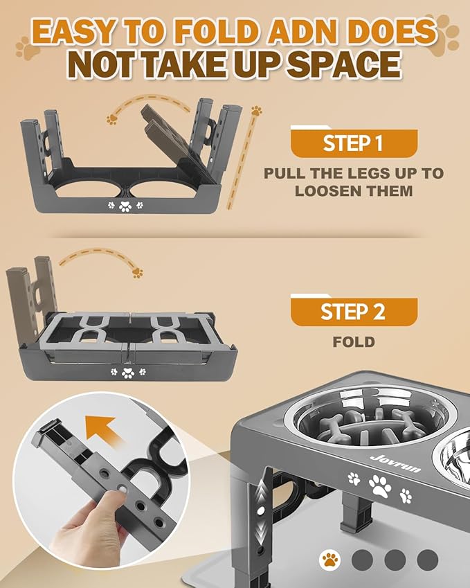 Elevated Dog Bowls with Mat, Non-Slip Dog Feeder with 1*Stainless Steel Dishes & 1*Slow Feeder Bowl, 5 Heights Adjustable Raised Bowls for 3.15″-8.66″-9.84″-11.02″-12.2″
