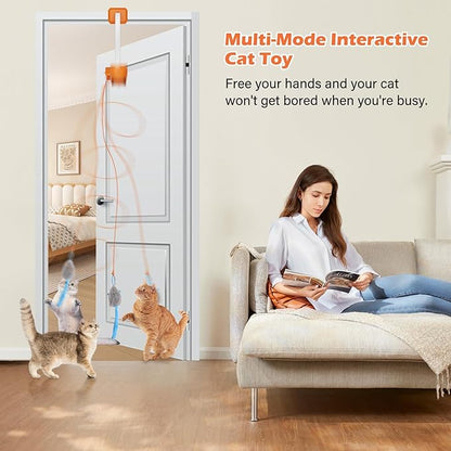 Rechargeable Electric Cat Teaser – Interactive Door Clip Teaser for Cats, 2 Motion Modes (360° Spin & Irregular Jumping), Smart Auto Cat Toy for Exercise & Fun (Orange)