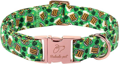St. Patrick's Day Dog Collar, Beer & Clover Green Dog Collars, Adjustable Heavy Duty Irish Shamrock Pet Collar for Small Medium Large Dogs with Metal Buckle XS