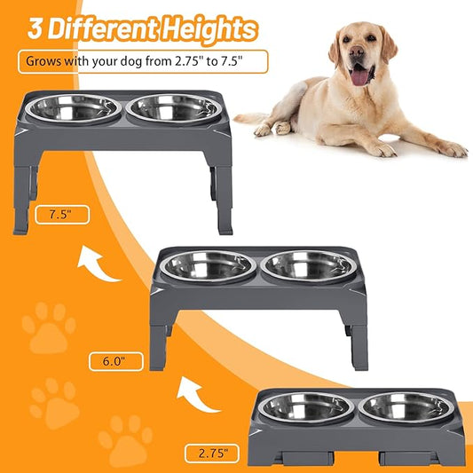 Hubulk Elevated Dog Bowls with 2 Stainless Steel Dog Food & Water Raised Bowls with No Spill Edge Non-Slip Stand Adjusts to 3 Heights(2.75", 6.0", 7.5") for Small Medium Dogs and Pet