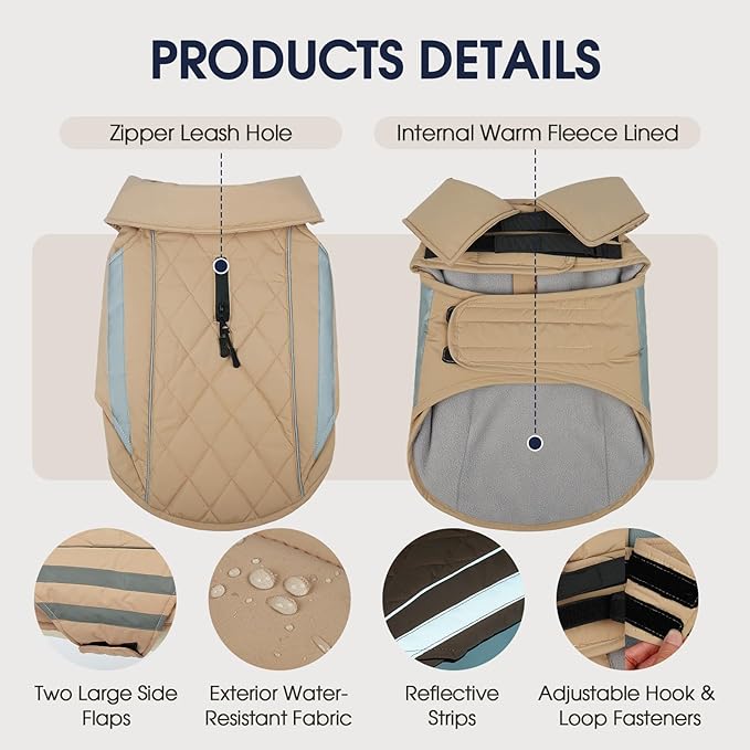 IECOii Dog Coat for Winter - Adjustable Large Dogs Snow Vest Reflective Thermal Jacket for Camping, Climbing, Jogging, Waterproof Cold Weather Coats Windproof, Khaki, Sizes XXXL