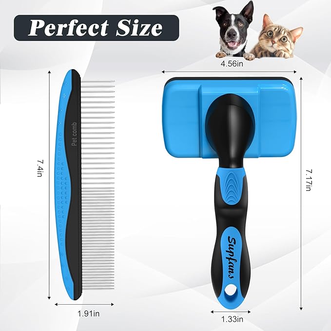 2PCS Self Cleaning Slicker Brush & Dog Comb - Skin Friendly Deshedding Grooming Tool for Dogs, Cats and Small Animals, Professional Deshedding Dematting Tool for Long and Short Haired Pets ((Blue2))