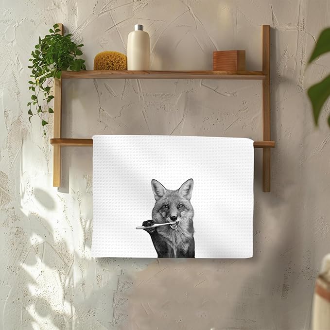 Funny Fox Hand Towels Set of 2, Fox Decor for Home Bathroom, Funny Forest Animal Brush Teeth Hand Towels for Washroom Restroom, Foxes Gifts for Kids, Cabin Foxes Kids Bathroom Decor, 16x24In