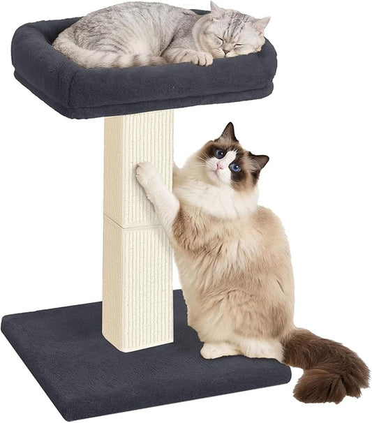 AGYM Cat Scratching Post, 32”Cat Scratcher with Large Plush Perch, Sisal & Carpet Scratching Post, Vertical Posts with Elevated Bed for Indoor Cats, Removable& Washable Cover, Darkgrey