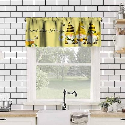 Rustic Bee Valances Curtain for Kitchen, Sweet Like Honey Gnomes Window Treatment Valances Short Curtains Rod Pocket Drape for Dining Room Home Farmhouse Decor, 54x18inch