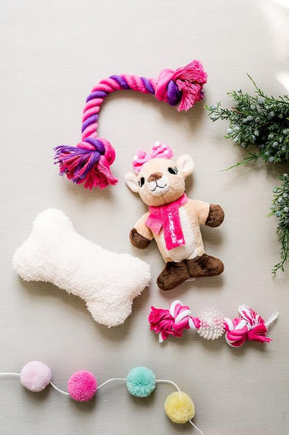 DanDee Rudolph The Red-Nosed Reindeer | 4-Piece Ball, Rope, and Two Squeaker Toy Bundle | Officially Licensed Holiday Pet Gift Sets |Clarice, Pink