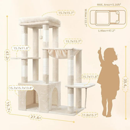 Heybly Heavy Duty Cat Tree, Tower for Indoor Cats Large Adult, Tall Cat Condo House with Extra-Large Baseboard, Multi-Level Plush Furniture with Scratching Posts, Hammock,Toy Balls, Beige HCT026M