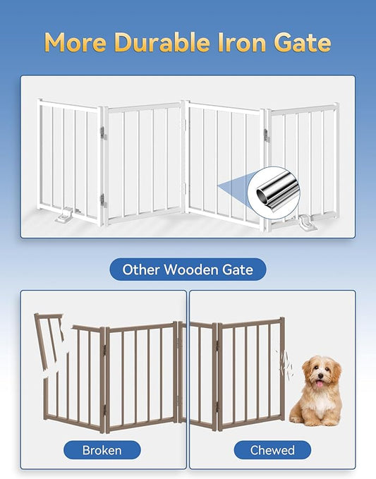 BFNN Free Standing Dog Gate, 16.5" High Short Pet Gate for Stairs and Doorways, Up to 48" Wide Foldable Puppy Fence, Indoor & Outdoor Use, No Drilling and No Assembly, for Small & Toy Dogs, White