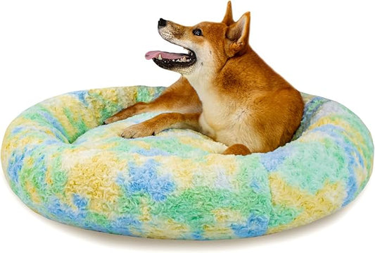 Calming Dog Bed for Medium Dogs Cats, Puppy 31'' Round Anti-Anxiety Warm Fluffy Plush Faux Fur Bed, Soft Anti-Slip Donut Washable, Cozy Medium Puppy Bed, Fits up to 50 lbs Pets