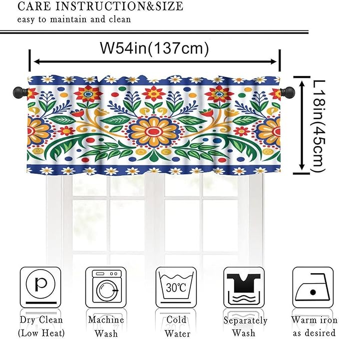 Mexico Valance Curtains Rustic Ethnic Style Dia De Los Muertos Culture Pattern Window Treatment Valances Short Curtains Rod Pocket Drape for Dining Room Home Kitchen Decor, 54x18inch
