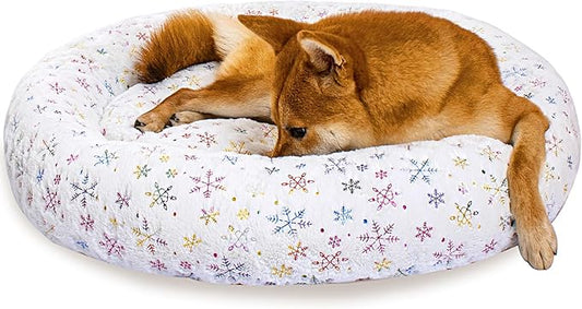 31 Inch Christmas Snowflakes Calming Dog Bed for Medium Dogs, Round Anti-Anxiety Warm Bed, Soft Cozy Anti-Slip Donut Washable Pet Bed, Fits up to 50 lbs Pets