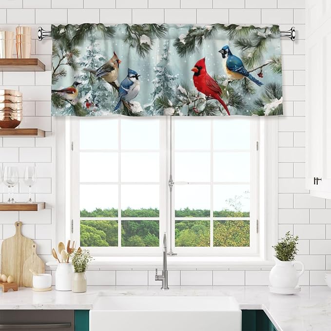 Worltoldb Winter Cardinal Bird Curtain Valance Short Rod Pocket Window Treatment for Living Room Bedroom Kitchen Bathroom 1 Panel 54" W x 18" L