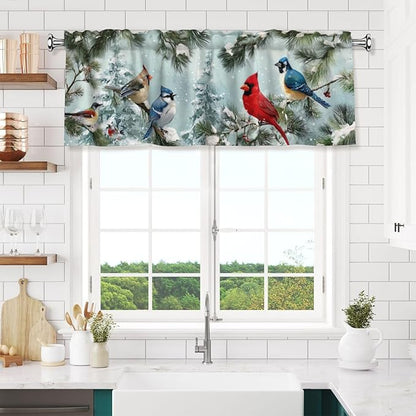 Worltoldb Winter Cardinal Bird Curtain Valance Short Rod Pocket Window Treatment for Living Room Bedroom Kitchen Bathroom 1 Panel 54" W x 18" L