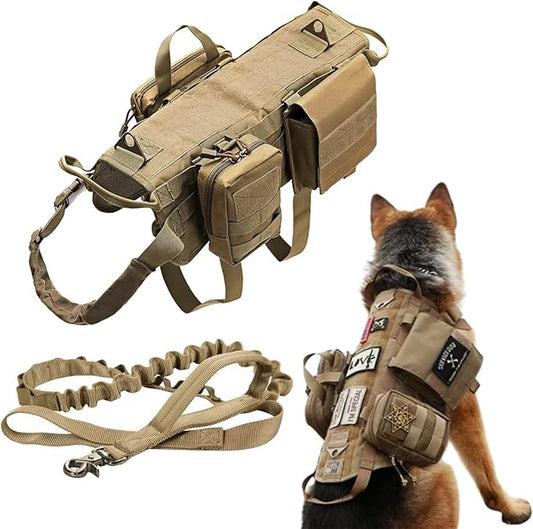 Tactical Dog Vest Harness Heavy Duty Dog Harness with 3 MOLLE Bags&1 Bungee Leash