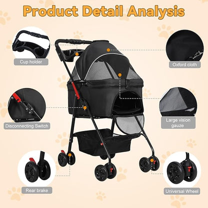 4 Wheels Pet Stroller,Dog and Cat Foldable Strollers, Removable Carrier, Breathable Mesh Canopy, Storage Basket and Cup Holder, Lightweight Travel Carrier, Pet Carrying Cart for Walks Outings Shoppin