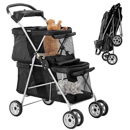 TTY Store Best 4 Wheels Pet Stroller Double Decker Seats Foldable Jogge for Small Medium Dogs & Cats or Other Kitten Puppy Travel Cage w/Cup Holders Removable Liner, Black, 30 x 20 x 40 Inch