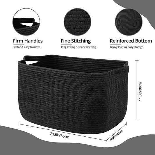70L Large Blanket Basket, 21.6" x 16.9" x 11.8" Woven Storage Basket for Living Room, Nursery Blanket Storage for Toys, Towels, Dirty Clothes (Black)