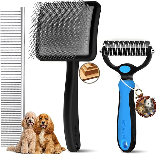Large Dog Slicker Brush for Goldendoodles, Poodles - 3 in 1 Grooming Kit with Undercoat Rake, Comb - Extra Long Pins for Dematting Great Pyrenees, Thick Coats, Shedding, Detangling, Black